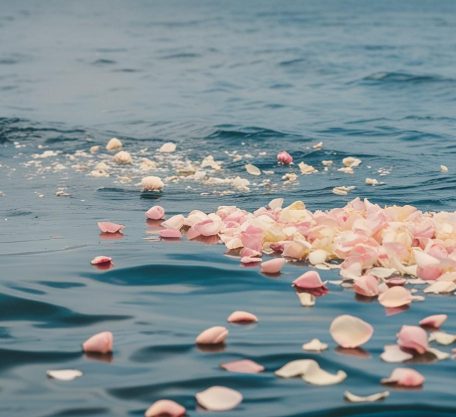 cérémonie de cendres en mer sans que les personnes soient en premier plan et avec des pétales de rose (1)